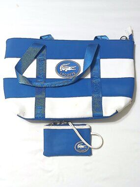 Lacoste Blue White Stripe Tote Bag Croc Logo + Wristlet Pouch Large Preppy Beach